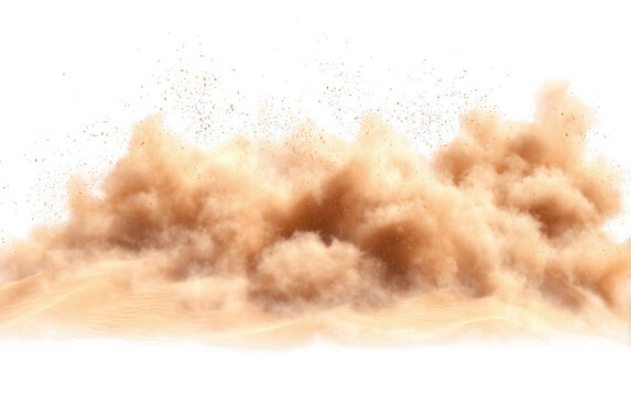 白い背景に激しく舞い上がる茶色の砂と埃の爆発的な飛散の様子を描いた高品質なグラフィック素材で、土の粒子が空中に散らばるダイナミックな瞬間を捉えており、デザインの背景や合成用パーツとして多目的に活用できる画像です。
