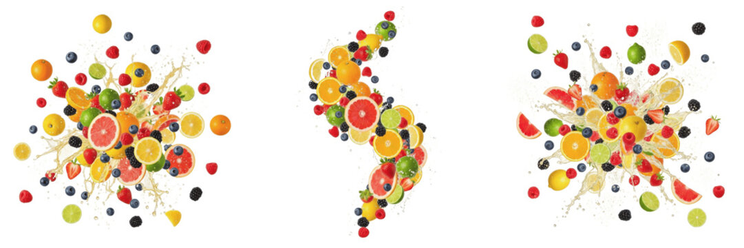 Citrus and Berry Fusion Flying in Mid-Air, Orange Lemon and Strawberry Mix - Fusion d'Agrumes et Baies - Fusi&oacute;n de C&iacute;tricos y Bayas - Zitrus und Beeren Fusion - Refreshing Fruit Splash