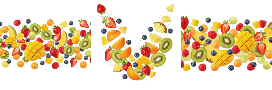 Fresh Cut Fruits Flying in Air, Assorted Slices and Pieces - Fruits Fra&icirc;chement Coup&eacute;s - Frutas Reci&eacute;n Cortadas - Frisch Geschnittene Fr&uuml;chte - Healthy Kitchen Preparation