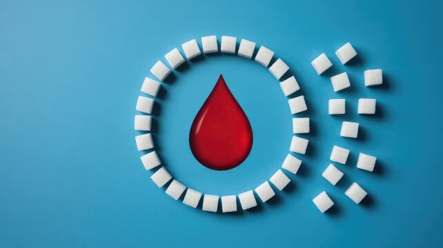 Red blood drop graphic surrounded by white sugar cubes on a blue background symbolizing di