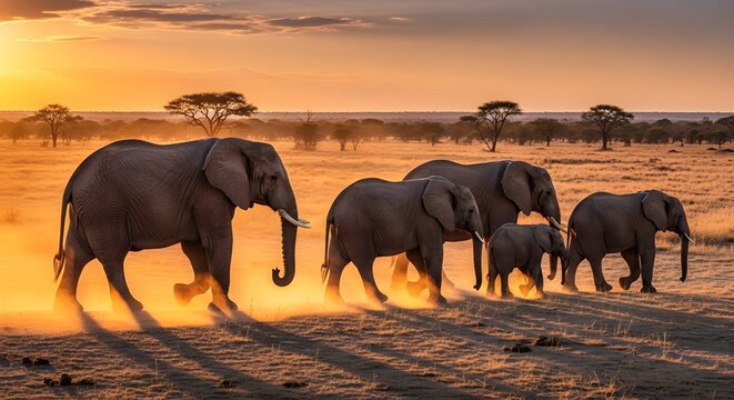 African elephants walking towards the sunset in the savannah