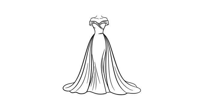 Elegant off shoulder gown line art vector with flowing train minimalist bridal fashion dress outline design