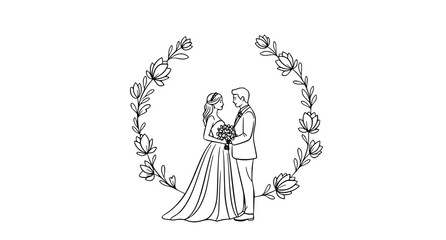 Wedding couple floral frame line art vector illustration with bride and groom in decorative circular design © Mahfuj