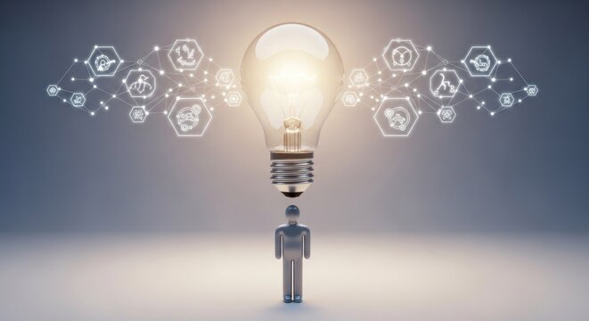 A light bulb with a glowing filament emitting light, surrounded by a network of interconnected icons representing various concepts and ideas.