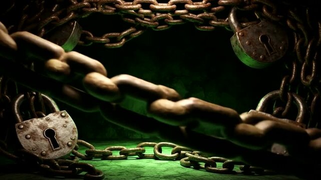 Rusty chains and locks against a textured green backdrop