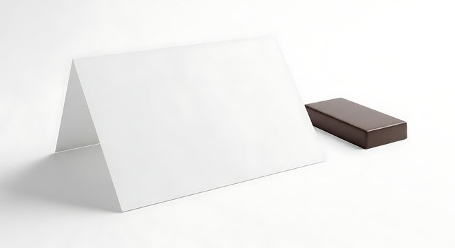Blank white card and a small dark box on a white surface, minimalist design.
