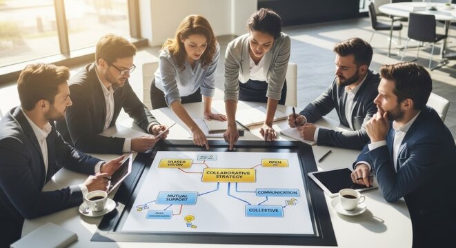 Business team meeting in a modern office, discussing a collaborative strategy using a mind map on a large screen.