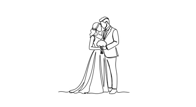 Wedding couple continuous line art vector illustration of bride and groom in elegant minimal outline style