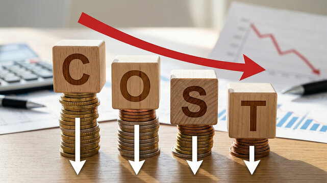 Cost reduction concept with wooden blocks on coin stacks, financial down arrow showing decreasing expenses and budget optimization, Generative Ai