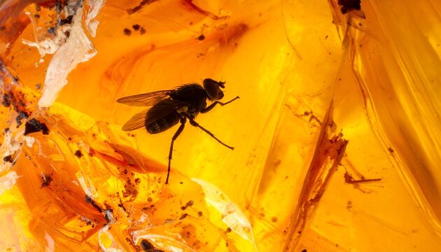 A preserved insect in amber with visible wings and body details
