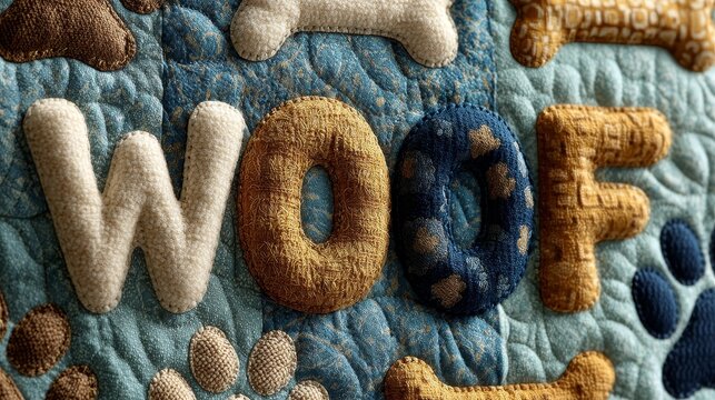 Quilted fabric pattern with embroidered colorful dog paw prints and bones forming "woof", light blue and cream textured background, detailed accents on bones, playful pet design concept