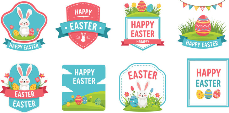 A vibrant collection of easter emblems and badges featuring bunnies colorful eggs flowers and celebratory greetings high quality professional detailed modern elegant stylish