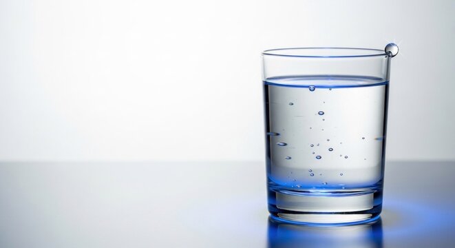 A clear glass filled with water, with a blue tint, on a white background. 
