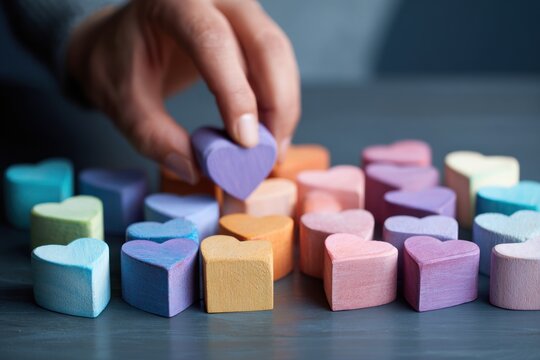A preschool child builds a colorful construction using red, yellow, and green wooden blocks and plastic toy cubes in a creative childhood game of shapes