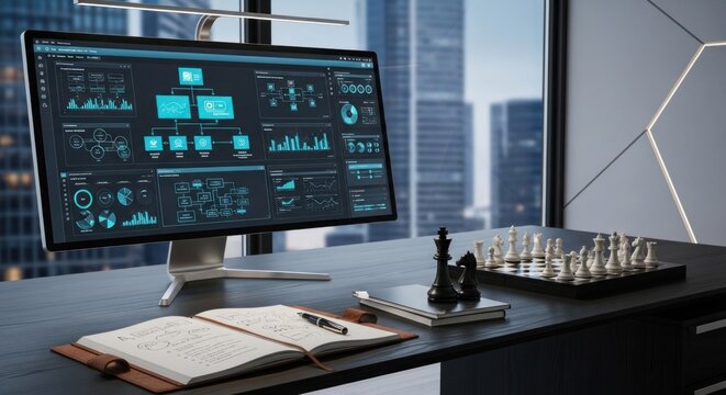 A modern office desk with a large computer monitor displaying a digital dashboard, chess pieces, and a notepad with a pen on it, set against a cityscape backdrop.