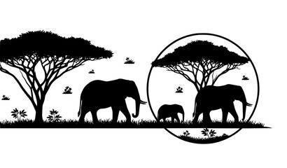 Elephant family silhouette badge with calf and acacia tree savanna wildlife emblem isolated on white background vector © Hosneara