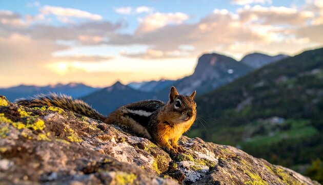 Golden-mantled ground squirrel perched on a rocky mountain top at sunset.