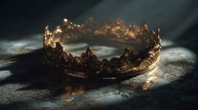 Golden Japanese crown lying on dark runway floor surrounded by soft fog under dramatic spotlight, subtle scratches, cinematic composition, ultra high detail, mysterious regal atmosphere.