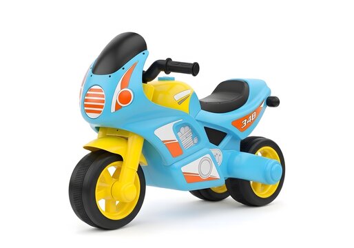Brightly colored plastic toy motorcycle for toddlers on white background