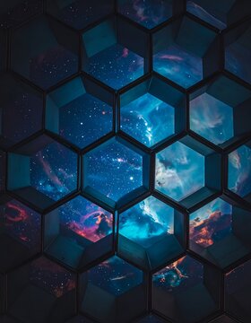 Hexagonal Tiles Revealing a Stunning Nebula and Starry Sky.