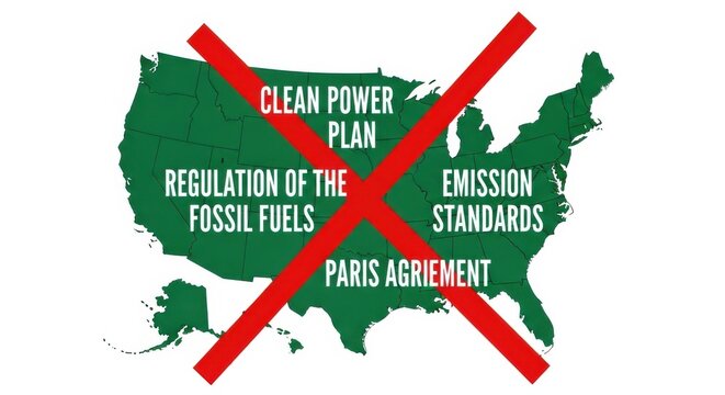 Map of the united states with a red x crossing out text related to environmental policies including the clean power plan and paris agreement