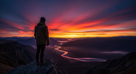 Obraz premium A person standing on a rocky outcrop overlooking a dramatic sunset over a river valley with mountains in the distance.