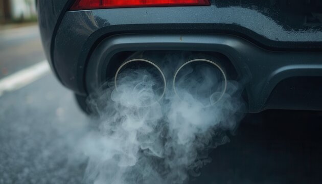 Exhaust Emission: A close-up shot of a car's exhaust pipe releasing a plume of vapor, highlighting the environmental impact and the need for sustainable practices.