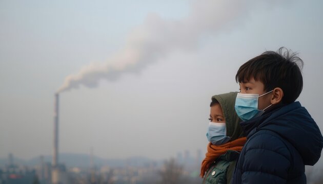 Air Pollution Crisis: A poignant image of two children, faces shielded by masks, gazing toward a smoking factory.