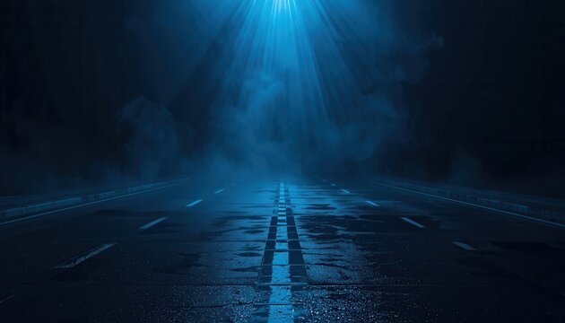 Enigmatic Road: An evocative capture of a road bathed in an ethereal, blue-toned atmosphere, enhanced by atmospheric smoke.