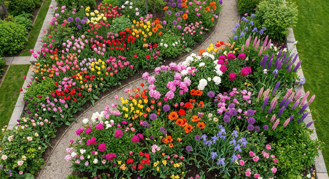 Blossoming Garden Path: A vibrant garden path meanders through a riot of colorful blooms, showcasing a tapestry of floral beauty and inviting exploration.