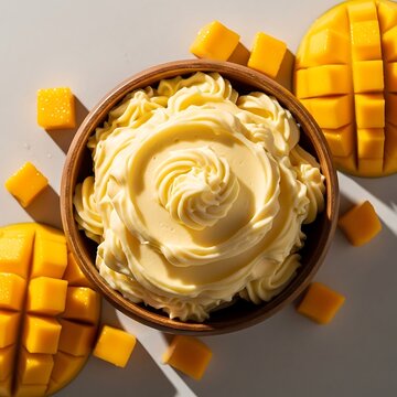 Top view of a bowl of creamy mango mousse surrounded by fresh diced and sliced mango fruit. mango butter