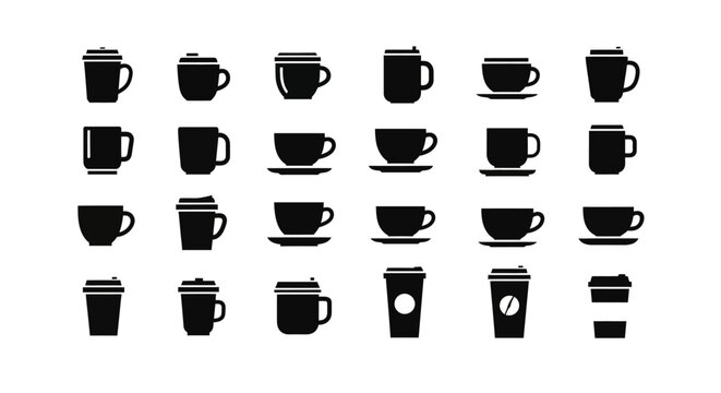 Comprehensive collection of coffee cup and mug silhouettes set featuring diverse shapes and styles for cafe menu branding and beverage industry icon designs