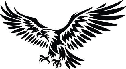 Fototapeta premium Majestic eagle silhouette with spread wings and sharp talons, detailed black bird of prey vector illustration isolated on white background for logo design
