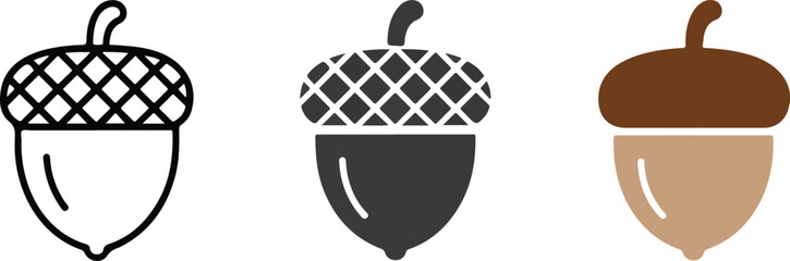 Minimalist acorn nut vector icon set featuring thin line outline silhouette and flat brown color styles for autumn forest and nature branding. © MDESAHAQUE