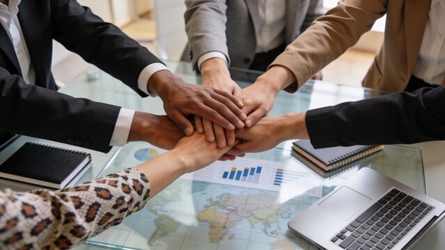 Diverse business team stacking hands together in unity over a glass office table.