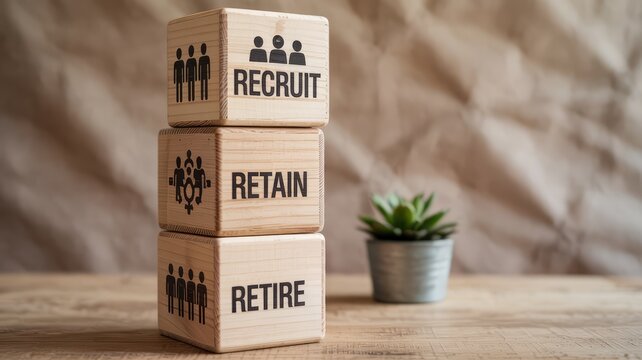 Conceptual image of employee lifecycle Recruit Retain Retire on wooden blocks and table