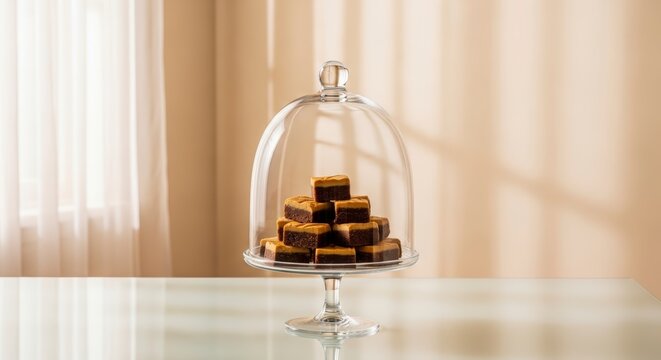 Chocolate cakes under glass dome on table.