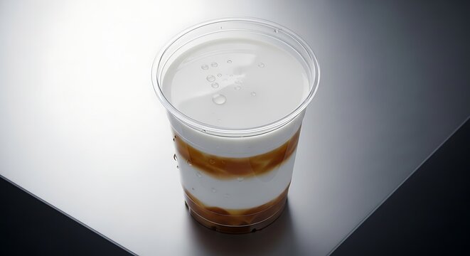 Delicious layered dessert in a clear plastic cup on a reflective surface.