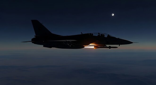 Silhouette of advanced fighter aircraft at twilight with glowing missile launch beneath wing, intense calm combat atmosphere for military storytelling, air force and defense visuals