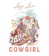 Naklejka premium Cowgirl riding horse in desert landscape print. Long live typography. Western blond girl, cowboy hat and t-shirt in Colorado. West desert lifestyle. Sketch for t-shirt, home decor and poster