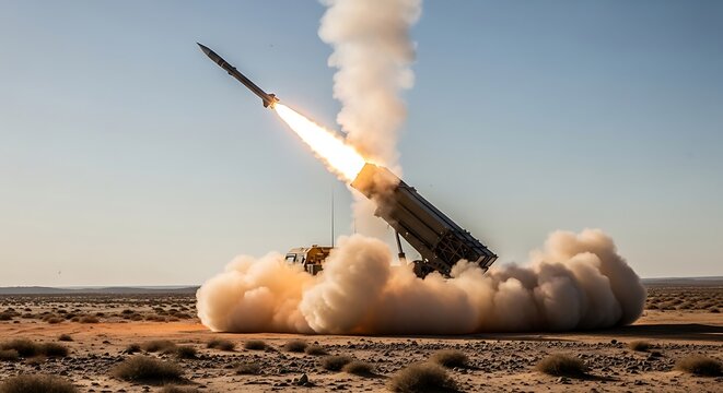 Missile launcher firing rocket from desert ground with heavy smoke and dust cloud, captured in action under clear sky, suitable for military operations, defense technology and tactical visuals