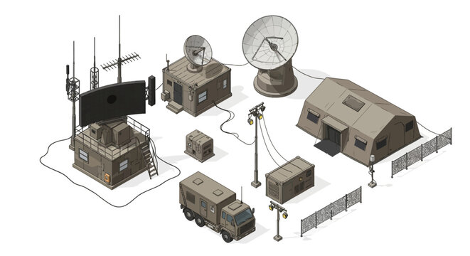 Isometric illustration presents a detailed military naval base with radar, storage facilities, service cranes, and patrol boats, all rendered in a clean, vector style against a neutral
