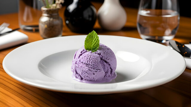 Purple Taro Ice Cream Scoop with Mint Leaf on Elegant White Plate &mdash; Es Krim Talas Ungu dengan Daun Mint di Piring Putih Elegan
