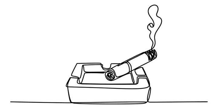A single line drawing illustration depicting a lit cigar resting inside a square shaped ashtray Vector, illustration