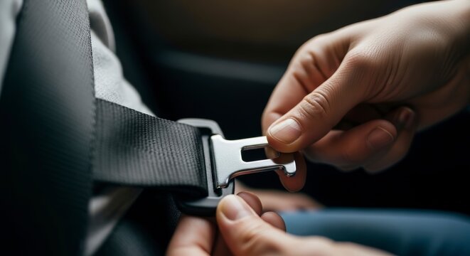 Hands fastening car seat belt buckle.