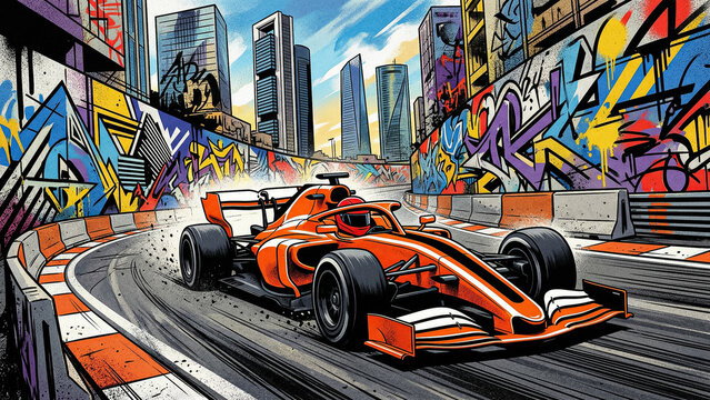 colorful illustration of an orange racing car against a futuristic metropolis with graffiti, a concept of a high-speed track in the style of a city comic with an emphasis on bright colors.