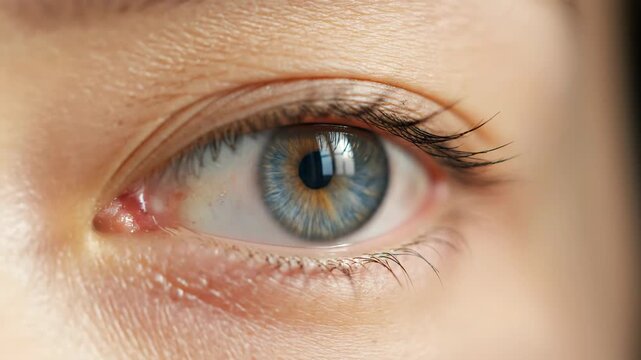 Close-up of a beautiful human eye with blue and brown iris and long eyelashes