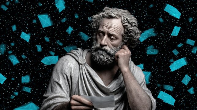 Ancient Philosopher Surprised by Digital Mail: A Surreal Intersection of Classical and Modern Worlds
