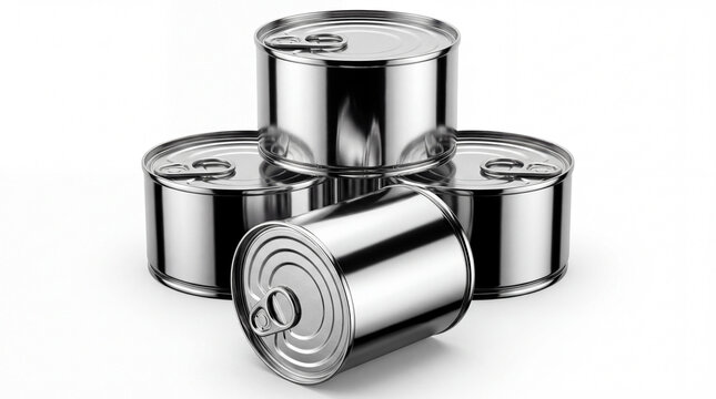 Shiny, unbranded metal cans stacked on a white background. Perfect for food packaging and product concepts