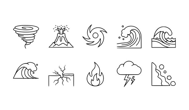 Modern disaster icon set in circular layout with tornado tsunami flood volcano and hurricane outline style